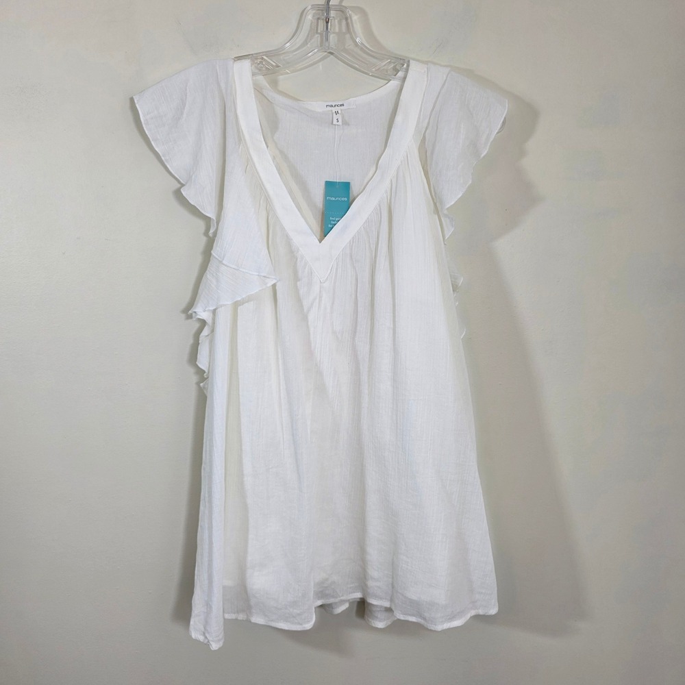 Maurices Women Top Flutter Sleeve V-Neck White Cotton Gauze Boho Blouse S NWT